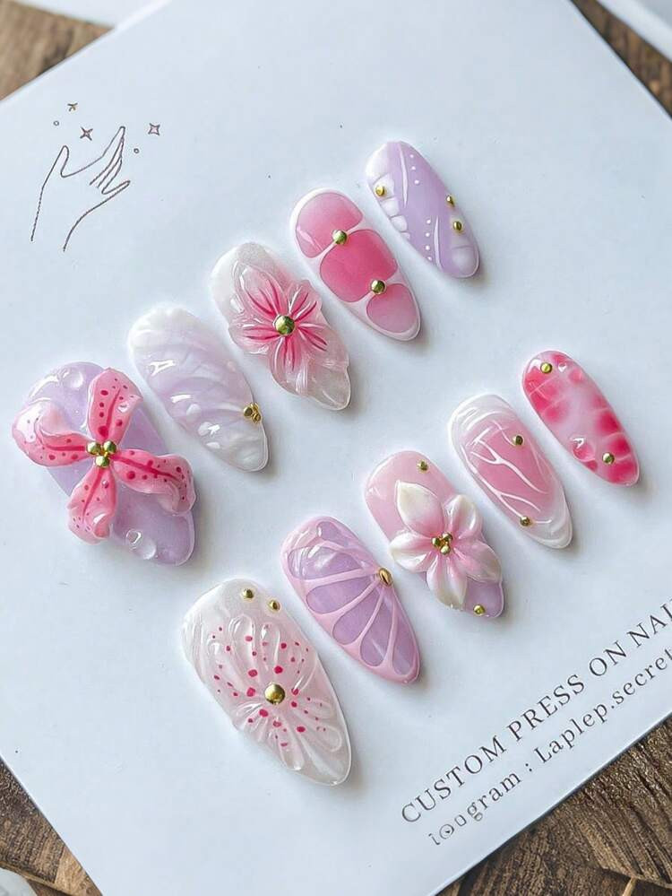 10pcs Ombre Almond Shaped Nail Stickers, 3D Flower & Butterfly Decor, Wavy Line Art Design, Rhinestone Embellished, Glossy Finish, Full Coverage False Nails, Suitable For Women & Girls Daily Wear Nail Supplies | SHEIN