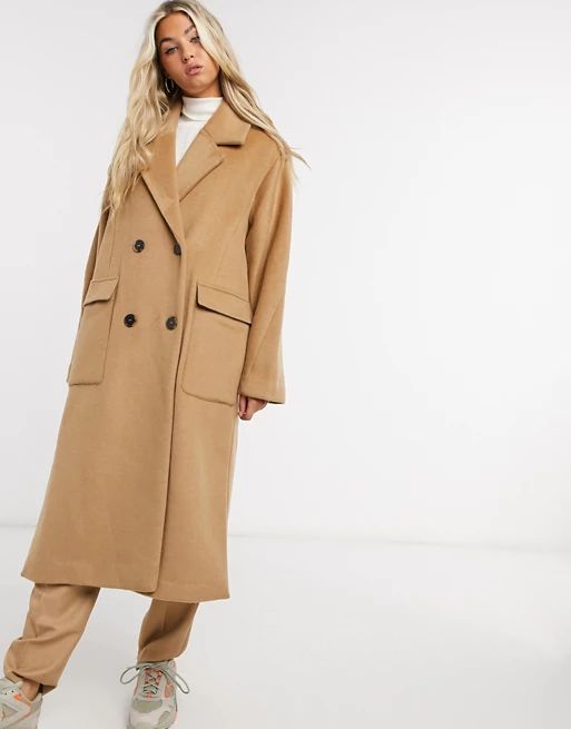 Selected Femme oversized double breasted wool coat with side splits in camel | ASOS (Global)