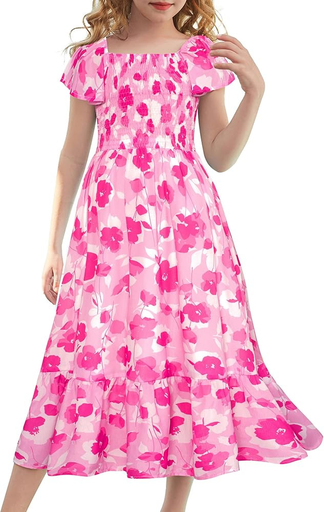 GRACE KARIN Girls Flutter Sleeve Floral Dresses Girl Long Midi Spring Dress Kids Smocked Flare Su... | Amazon (US)