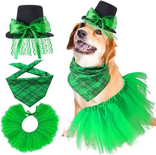Yewong Pet St. Patrick's Day Costume Accessory Dog Cat Hat with Bow Tie Green Dog Tutu Skirt Triangl | Amazon (US)