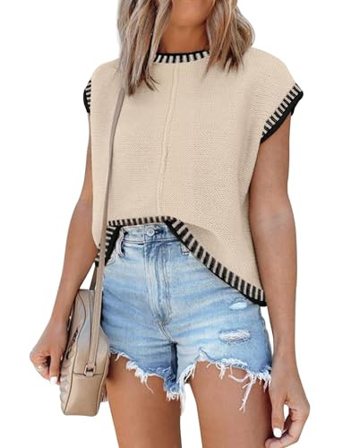 Disamer Womens Summer Cap Sleeve Tops Sleeveless Sweater Vest Casual Loose Fit Striped Knit Lightweight Pullover,Braid Apricot,Large | Amazon (US)
