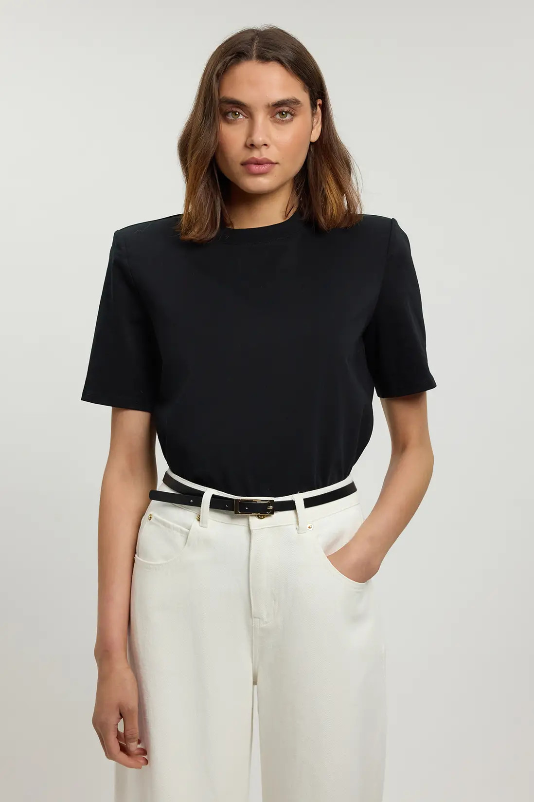 Power Shoulder Jersey T-Shirt | Karen Millen