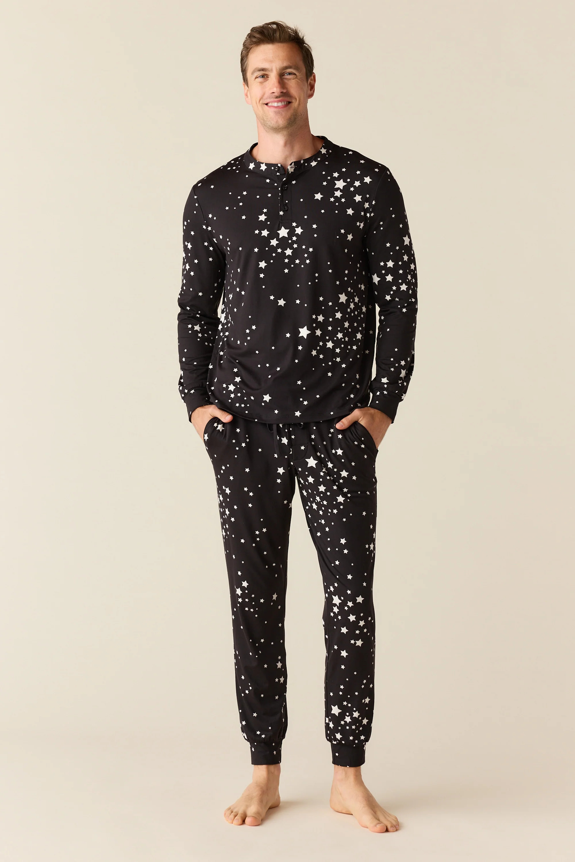 Adam Cloud Jersey Henley Set in Black Stars | MASONgrey