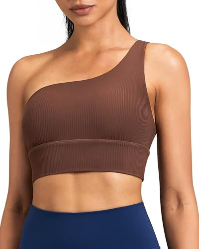 QUEENIEKE Womens One Shoulder Sports Bra Workout Strap Yoga Bras Cute Low Support Tops Tank Gym Sexy Athletic Top Ribbed Brown X-Small | Amazon (US)