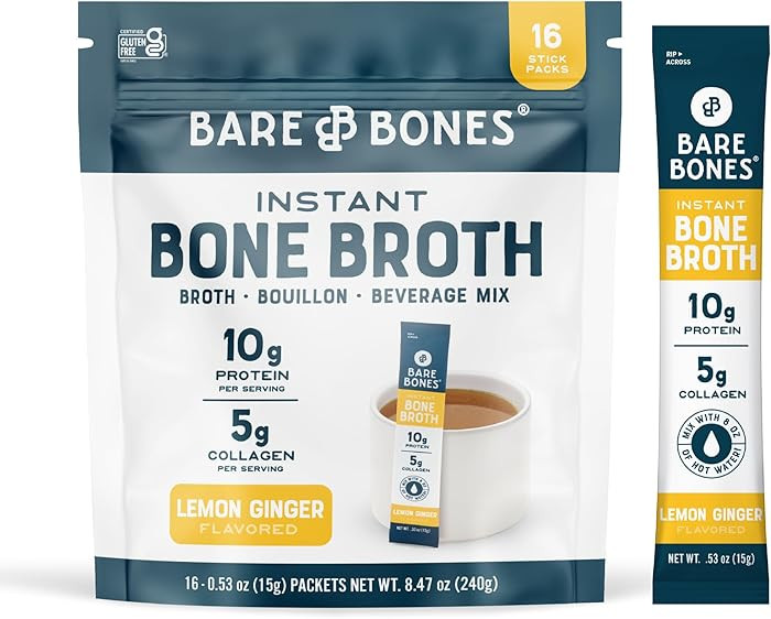 Bare Bones Lemon Ginger Bone Broth Instant Powdered Mix Packets | 5g Collagen | 10g Protein | Ket... | Amazon (US)