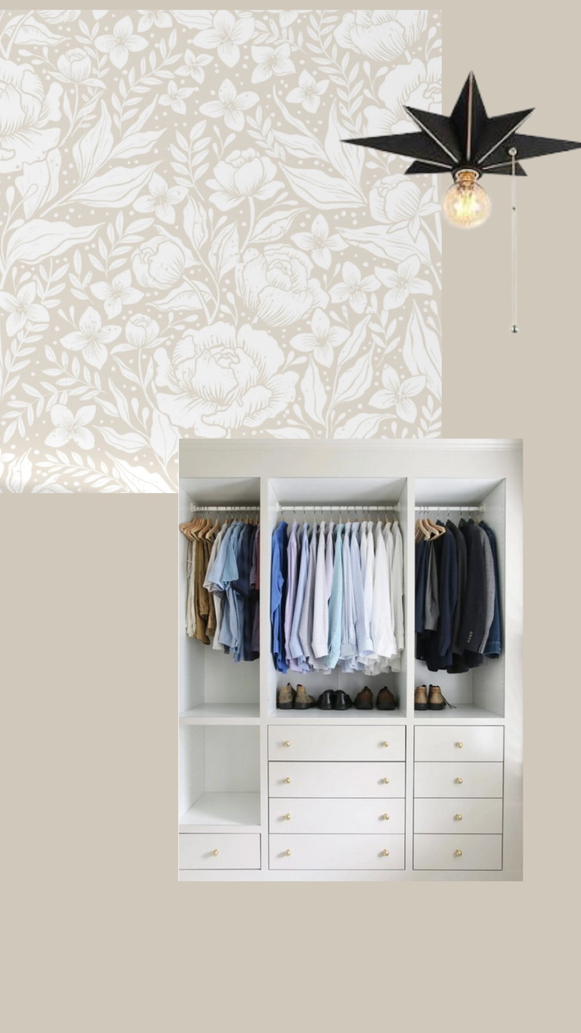 Master closet in Victorian farmhouse! 

Flush mount light, floral wallpaper, Ikea Pax closet 

#LTKhome #LTKstyletip