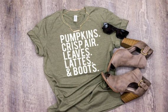 Fall Tshirt. Pumpkins, Crisp Air, Leaves, Lattes & Boots. Unisex Tshirt. Fall Mom Shirt. Fall Mama B | Etsy (US)