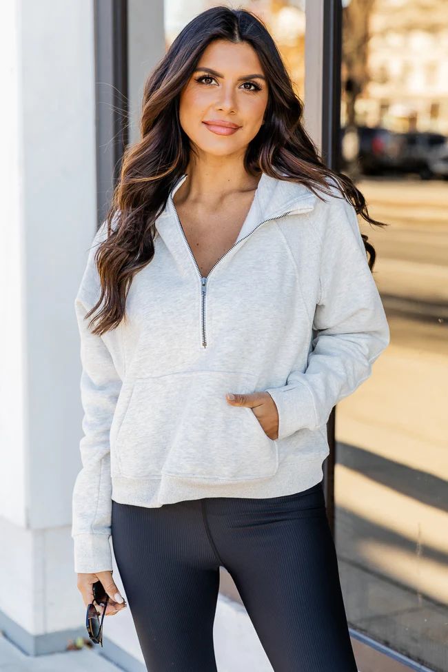 Making It Look Easy Grey Ribbed Shoulder Quarter Zip Pullover | Pink Lily