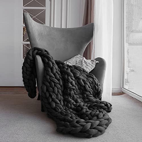 LaoJee Chunky Knit Blanket Merino Wool Handmade Soft Bulky Throw Sofa Chair Home Decor Giant Yarn,Bl | Amazon (US)