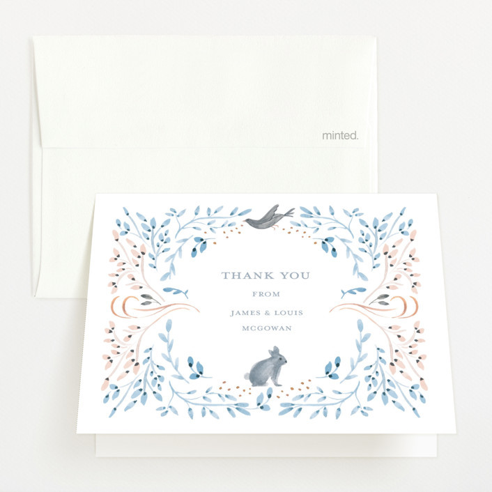 "Bunny and Birds" - Customizable Birth Announcements Thank You Cards in Blue or Pink by Morgan Ra... | Minted