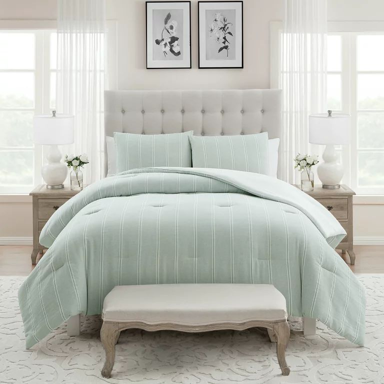 My Texas House Miray 2-Piece Green Stripe Cotton Jacquard Comforter Set, Twin XL | Walmart (US)