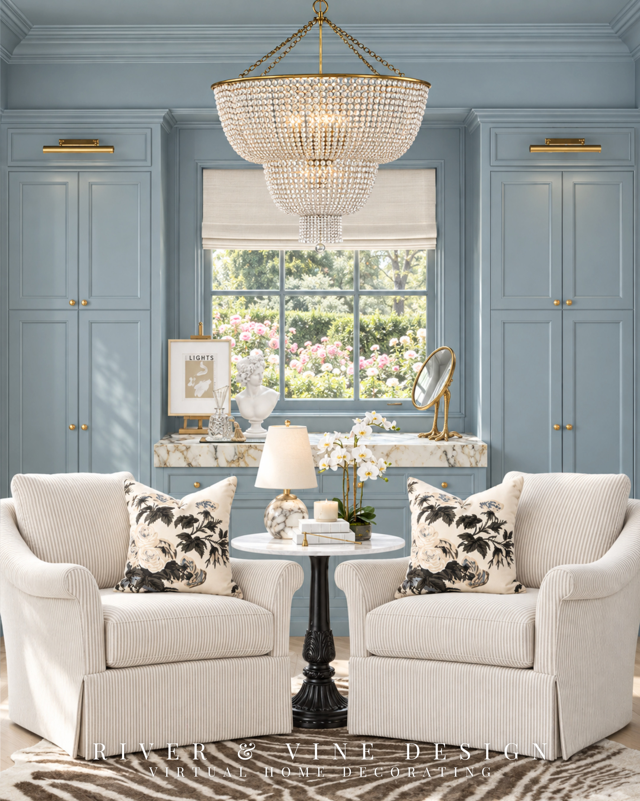 Coffee beside your chair, roses outside the window, and a few quiet minutes before the day asks anything of you.

There’s something so inviting about a blue dressing room with a sitting area of its own. Cream striped chairs sit beneath a sparkling chandelier, floral pillows echo the garden outside, and soft lamplight makes even an ordinary morning feel a little more special. Beneath it all, the brown-and-cream zebra rug brings warmth and a touch of personality.

A place to choose your earrings, slip on your shoes, or sit in your robe while your coffee is still warm. The little everyday rituals deserve a beautiful setting, too.

Bring that feeling into your home with the chairs, pillows, lighting, and accents below.

blue dressing room ideas, walk-in closet sitting area, romantic dressing room decor, cream striped accent chairs, floral accent pillows, brown zebra print rug, traditional sitting room, dressing room chandelier

I may receive a commission from purchases made through my links.
 

 #LTKmorningroutine #LTKselfcare #LTKHome