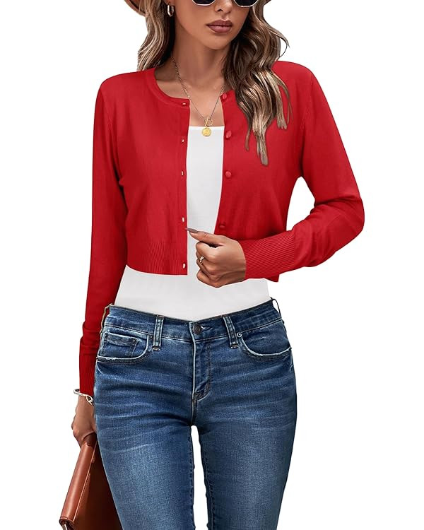 Newshows Cropped Cardigan Sweaters for Women 2023 Crew Neck Button Down Open Front Knit Bolero Sh... | Amazon (US)