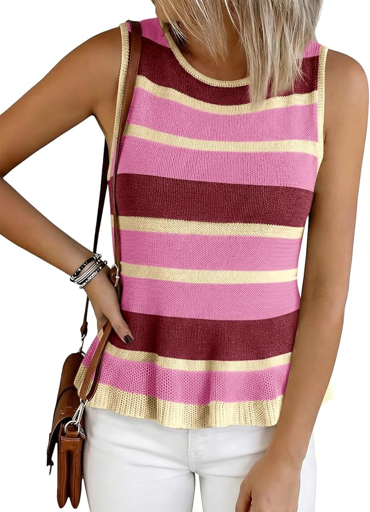 Cicy Bell Womens Striped Sweater Vest Summer Casual Sleeveless Ruffle Knit Tank Tops Crew Neck Li... | Amazon (US)
