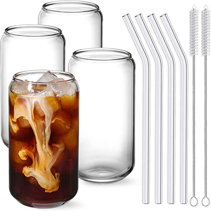 NETANY Drinking Glasses with Glass Straw 4pcs Set - 16oz Can Shaped Glass Cups, Beer Glasses, Ice... | Amazon (US)