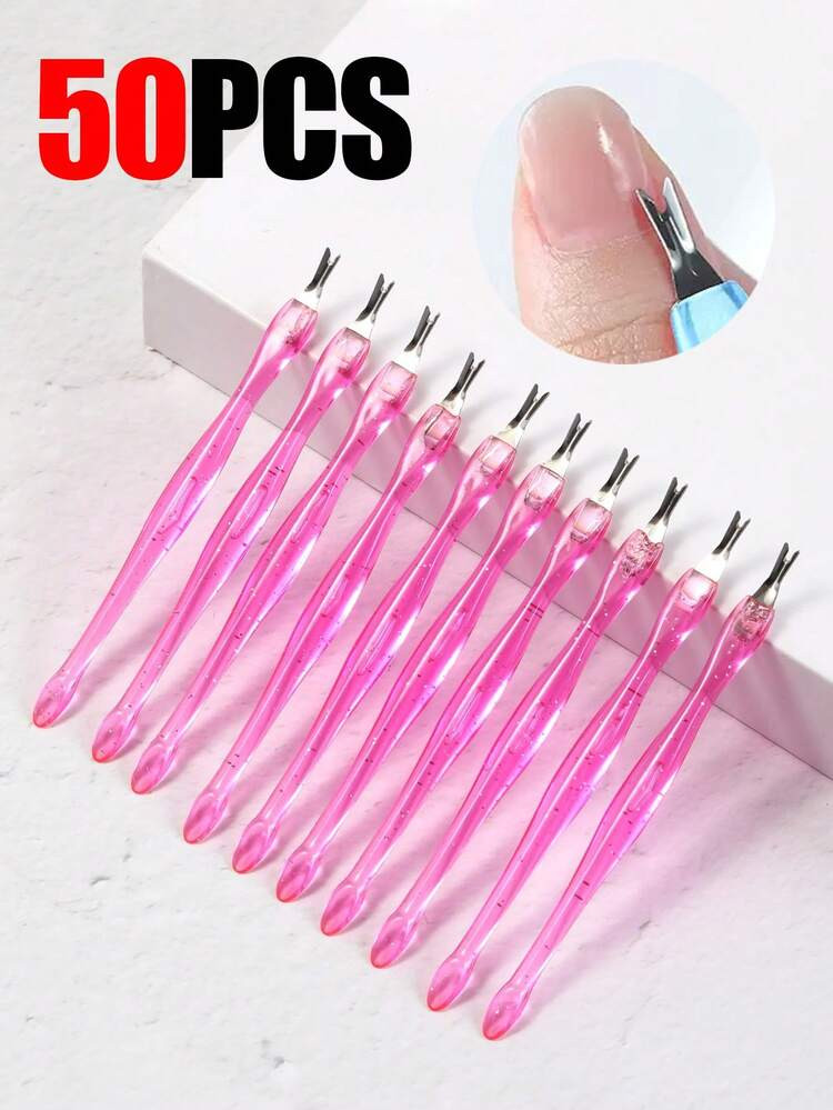 50pcs Pink Nail Cuticle Remover/Trimmer, Plastic Handle, Cuticle Pusher, Rubber Nail Cleaner, Callus Remover Fork, Manicure Tools, Unisex | SHEIN