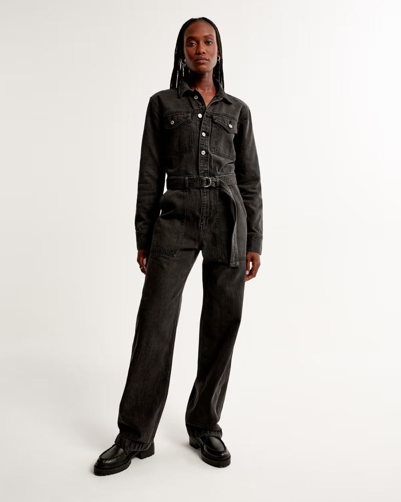 Belted Long-Sleeve Denim Jumpsuit | Abercrombie & Fitch (US)