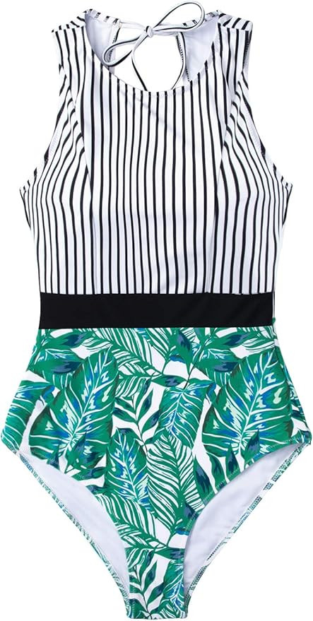 CUPSHE Women's Striped Leafy One Piece Swimsuit | Amazon (US)
