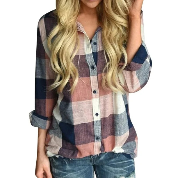 Women Loose Spring Long Sleeve Blouses Flannel Plaid Shirt | Walmart (US)