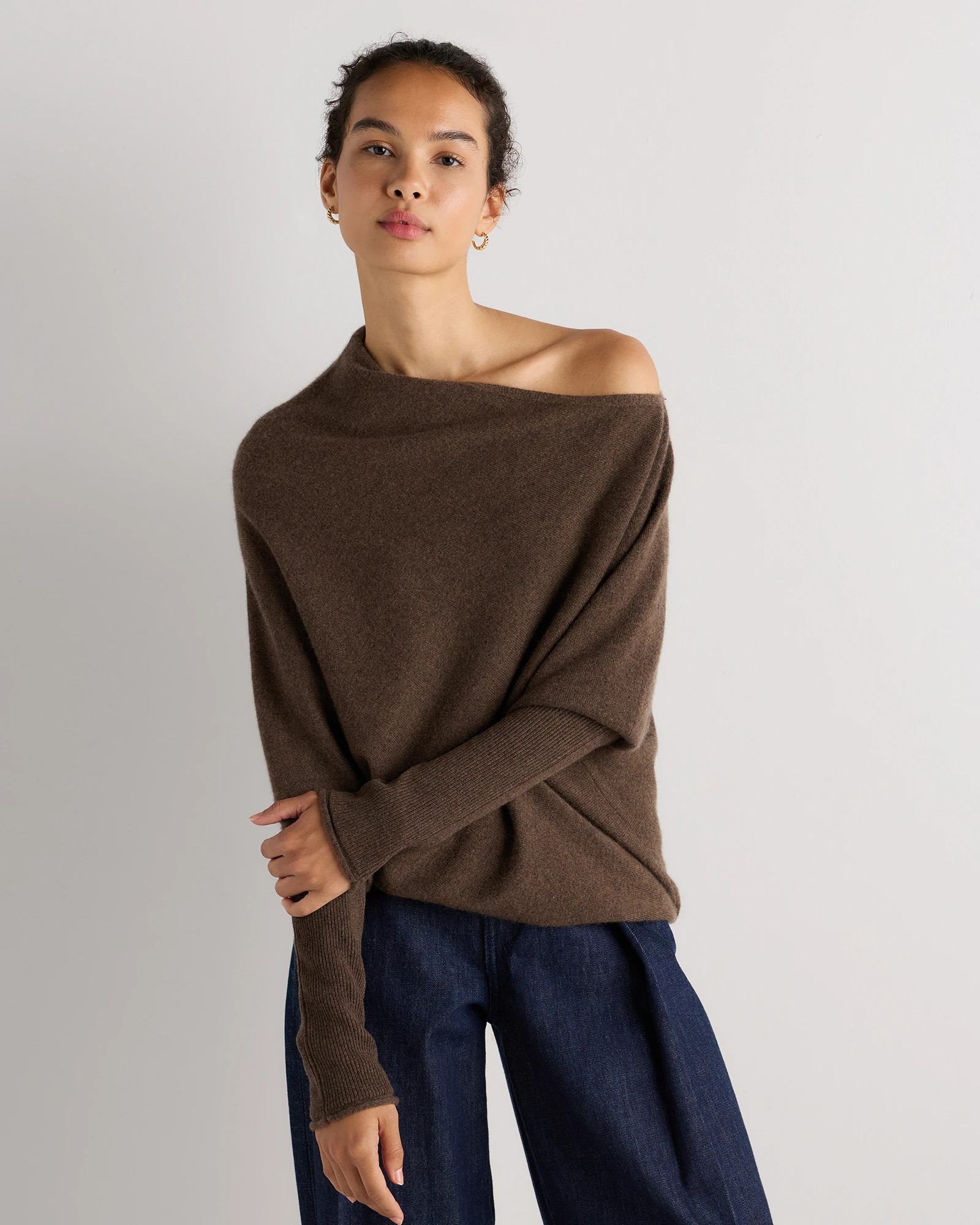 Quince | Women's 100% Mongolian Cashmere Asymmetric Draped Sweater in Brown, Size XL | Quince