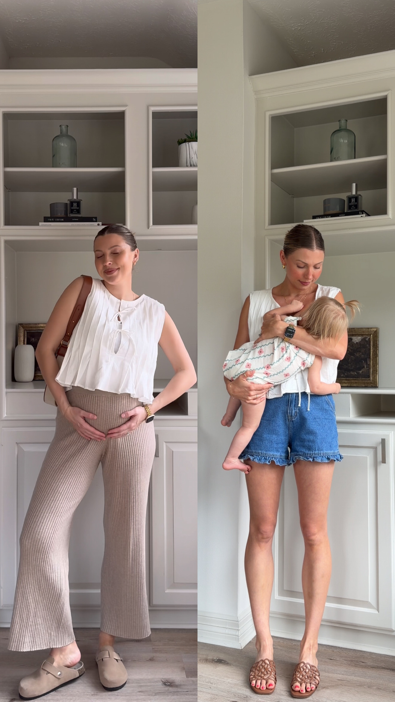 Flowy white top that I wore throughout pregnancy, postpartum and now nursing! Wearing S in flowy top, S sports bra tank, 2 denim shorts + M ribbed pants.  

 