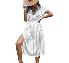 CUPSHE Women Beach Cover Up V Neck Short Sleeve Striped Midi Swimsuit Coverup Dress XS-XXL | Amazon (US)