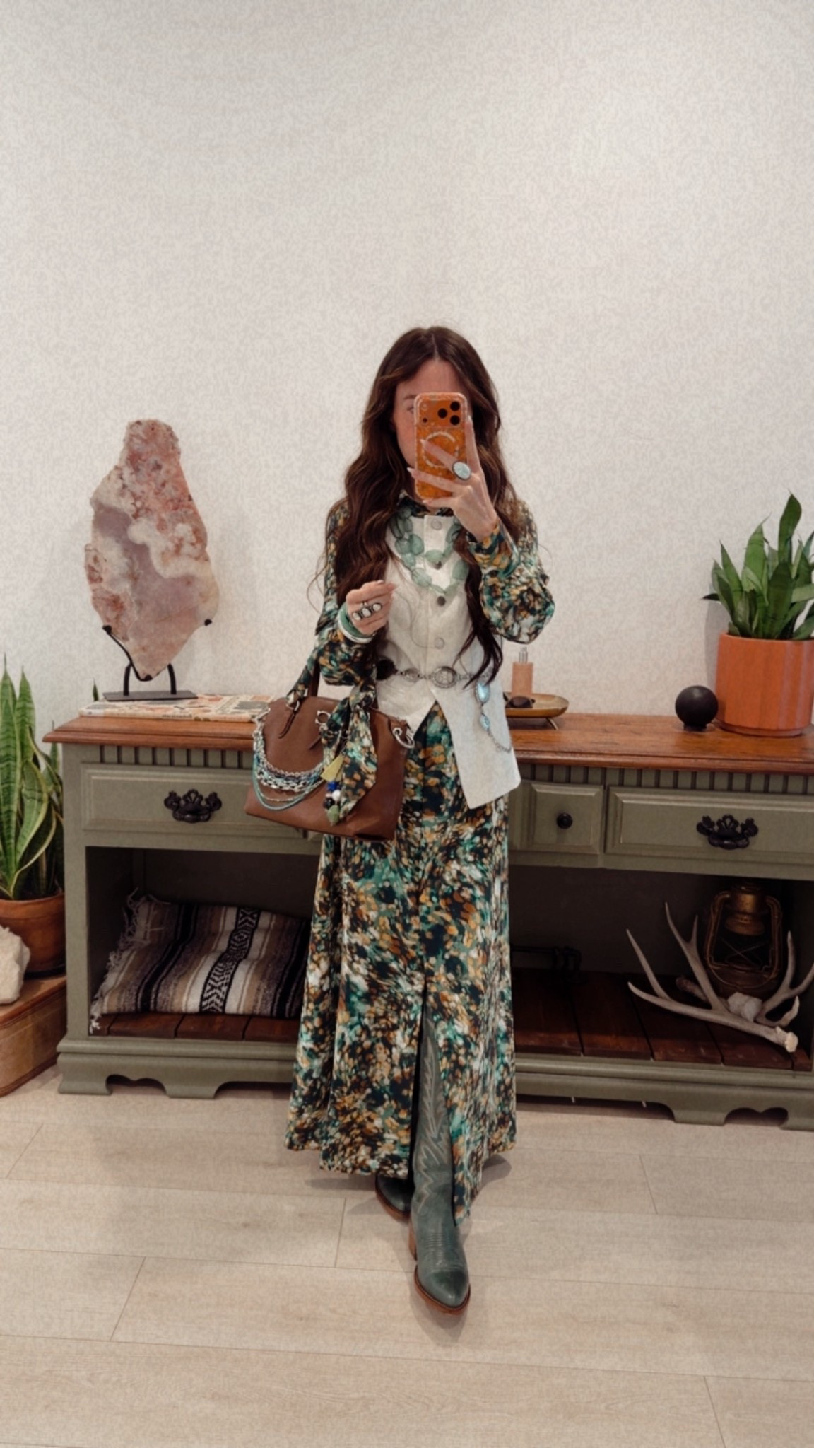 Obsessed with this shirt dress. My mom got it and I had to have it, too! I used the belt it came with as a purse scarf, and layered it with a cute denim vest  