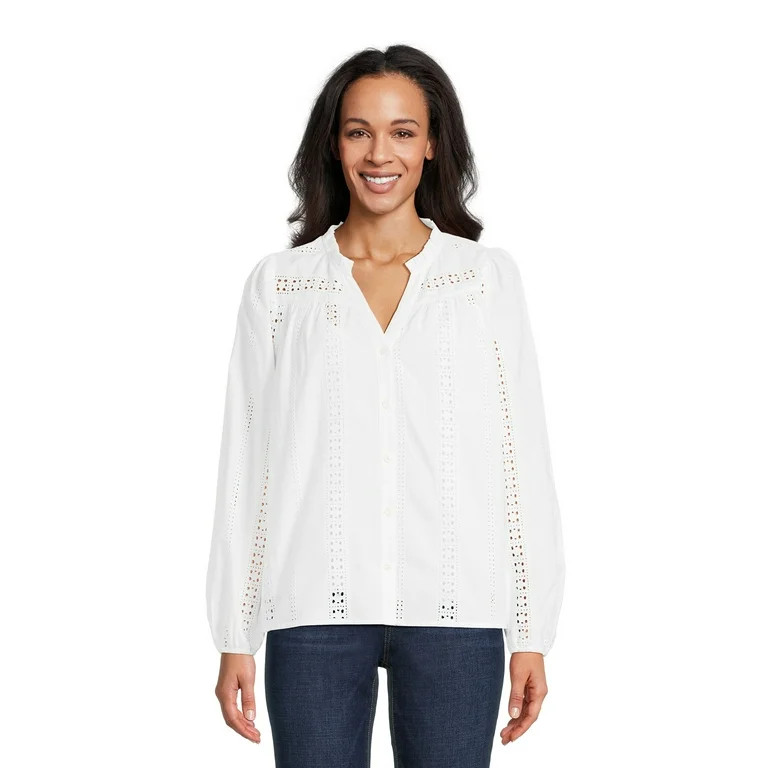 Time and Tru Women's Button Down Shirt with Crochet Trim, Sizes XS-XXXL | Walmart (US)