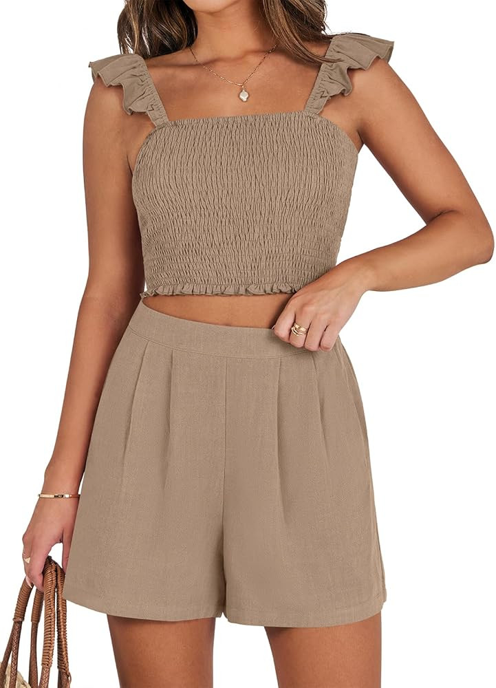 ANRABESS Women's 2 Piece Outfits Summer Linen Sets Smocked Crop Tops Matching Shorts Lounge Set 2... | Amazon (US)