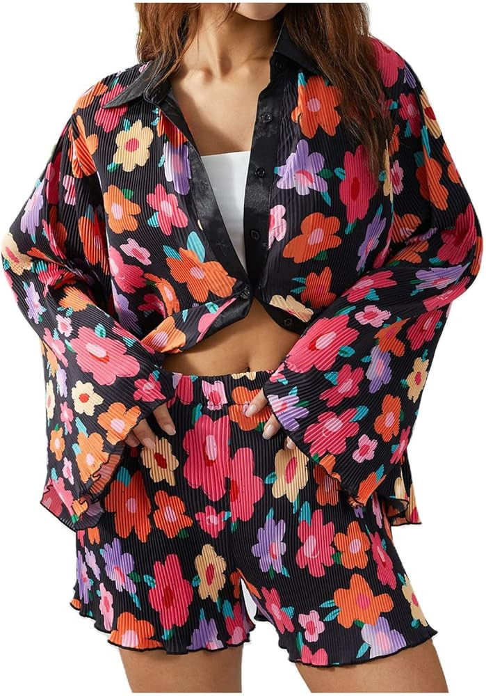 HOKCUS Women's 2 Piece Outfits Summer Matching Sets Loungewear Button Down Shirt and Shorts Set V... | Amazon (US)