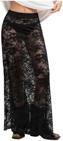 QJQ Women's Sheer Mesh Lace Skirt A Line Elastic High Waisted Sexy See Through Flowy Long Skirt | Amazon (US)