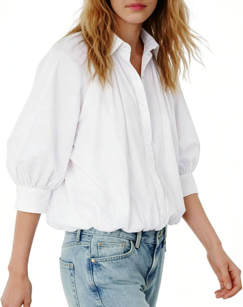 Chevara Women\u2019s Cropped Puff Sleeve Shirt Lapel Neck Button Down 3/4 Sleeve Pleated Blouse T... | Amazon (US)