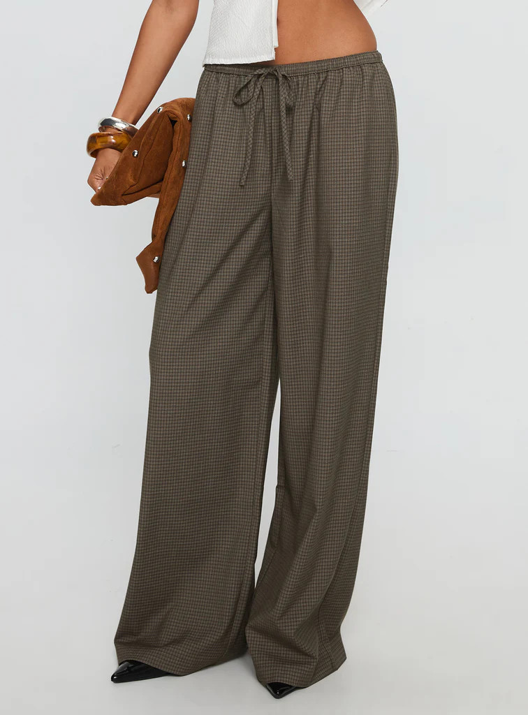 Ketrina Tie Waist Pants Brown Plaid | Princess Polly US