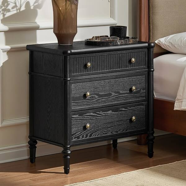 Derk Transitional 28"W 3-Drawer Fluted Solid Nightstand with Built-in power outlets By HULALA HOM... | Bed Bath & Beyond