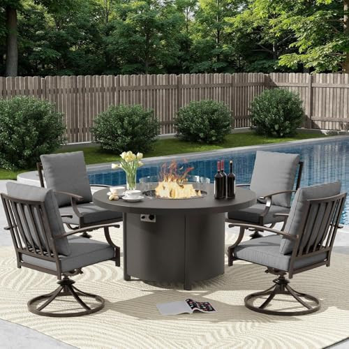 5 Piece Metal Outdoor Patio Furniture Set with Round Fire Pit Table, Dining Table Set 4 Swivel Chairs No-Slip Cushions and Waterproof Covers for Backyard Porch Balcony(Gray) | Amazon (US)