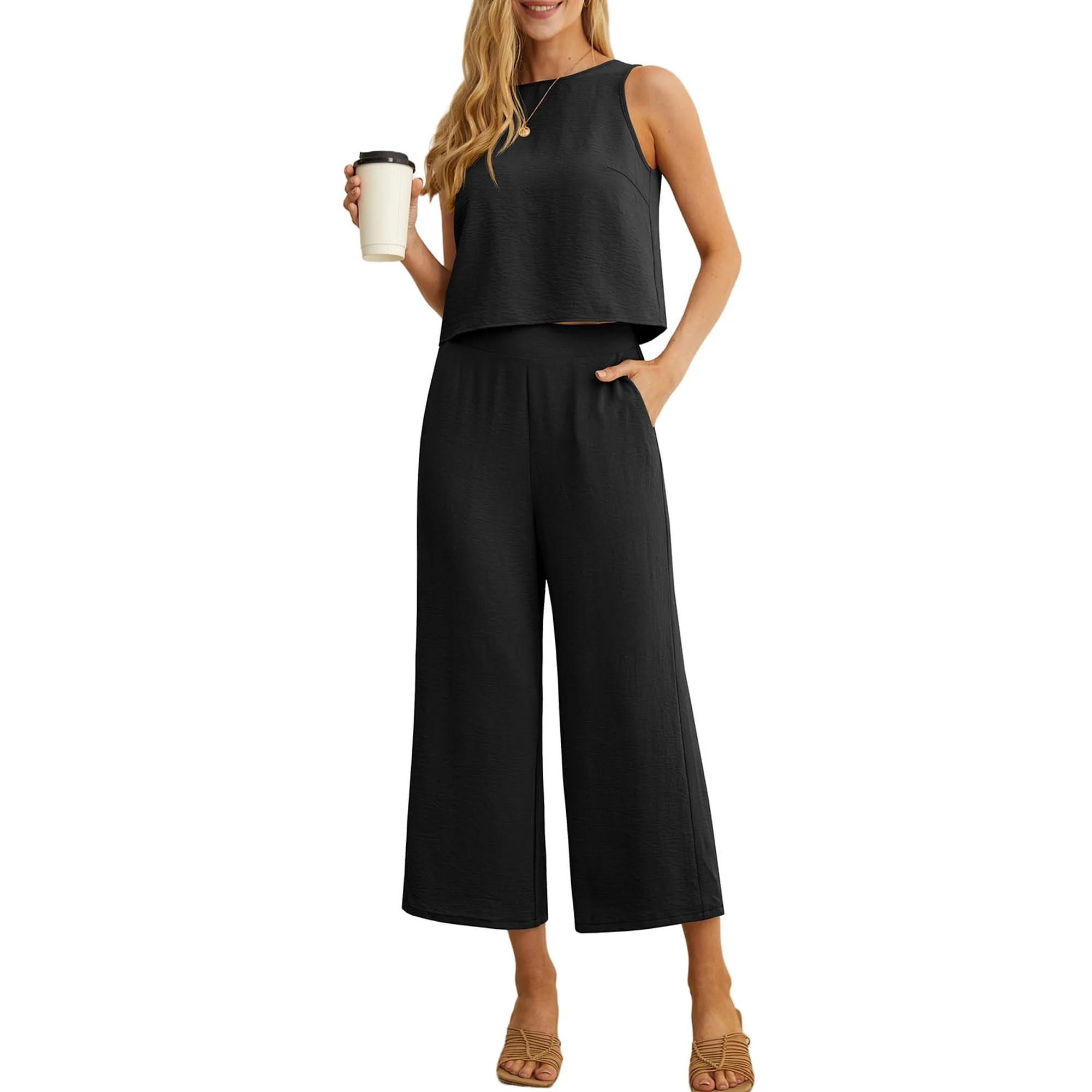 Cueply Women's Summer 2 Piece Outfits Lounge Sets Sleeveless Crop Top Wide Leg Cropped Pants with... | Walmart (US)