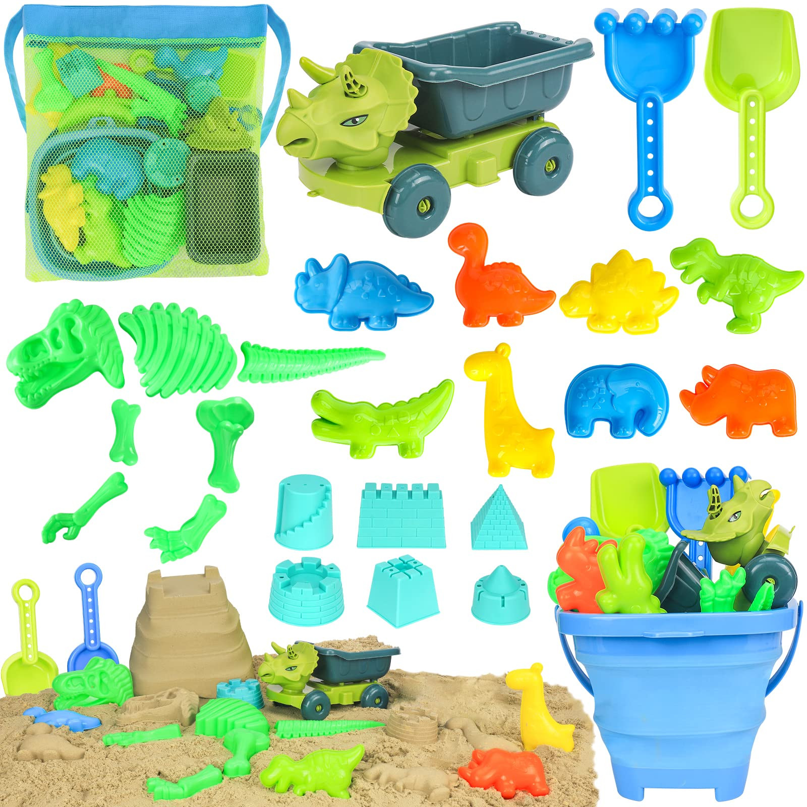 FUSPWEAO Beach Toys, Dinosaur Sand Toys with Dump Truck and Collapsible Beach Bucket, Shovel and ... | Amazon (US)