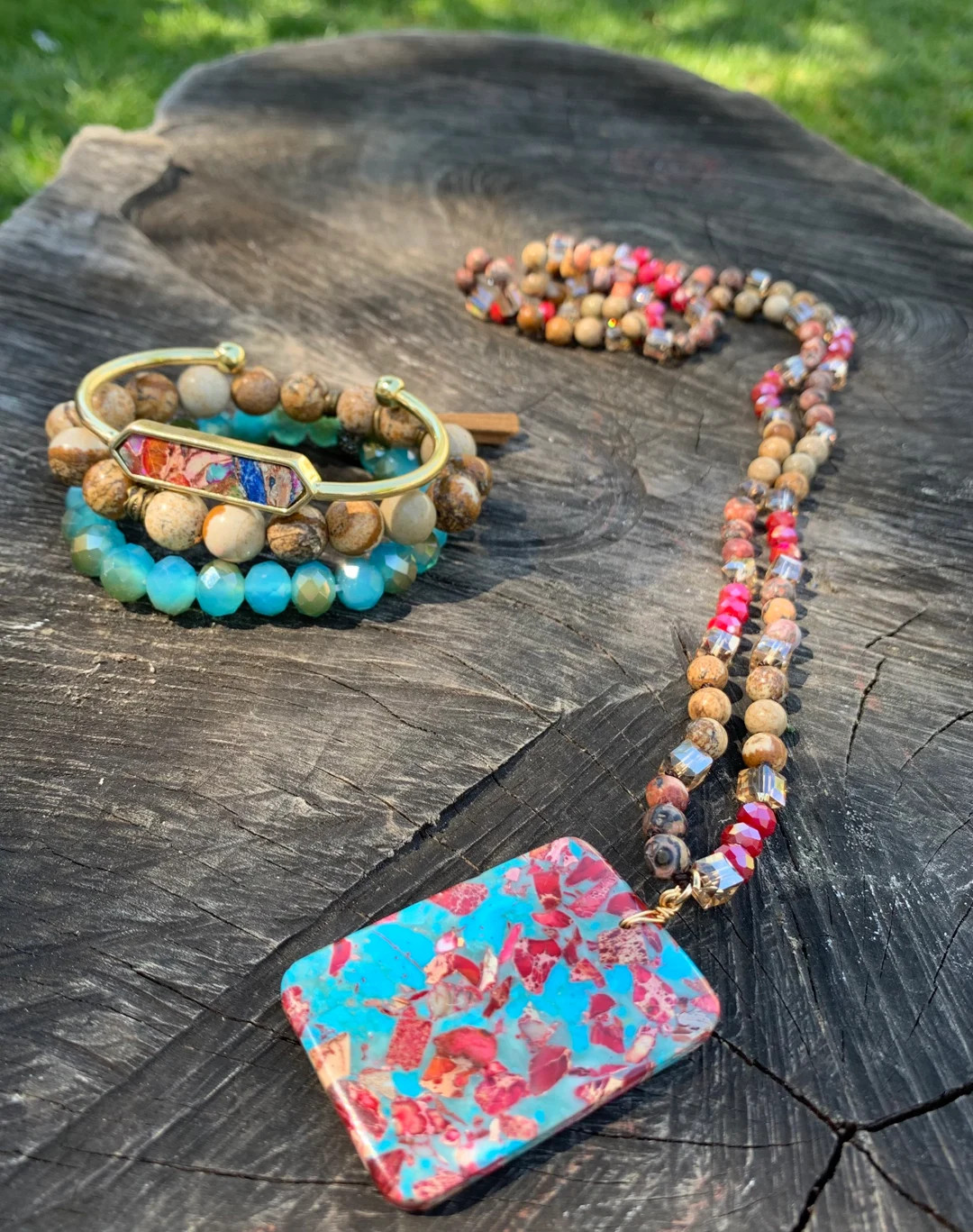 Fashion handmade6mm 18’ Bohemia picture jasper red crystal knotted stone pendant beaded Necklac... | Etsy (US)