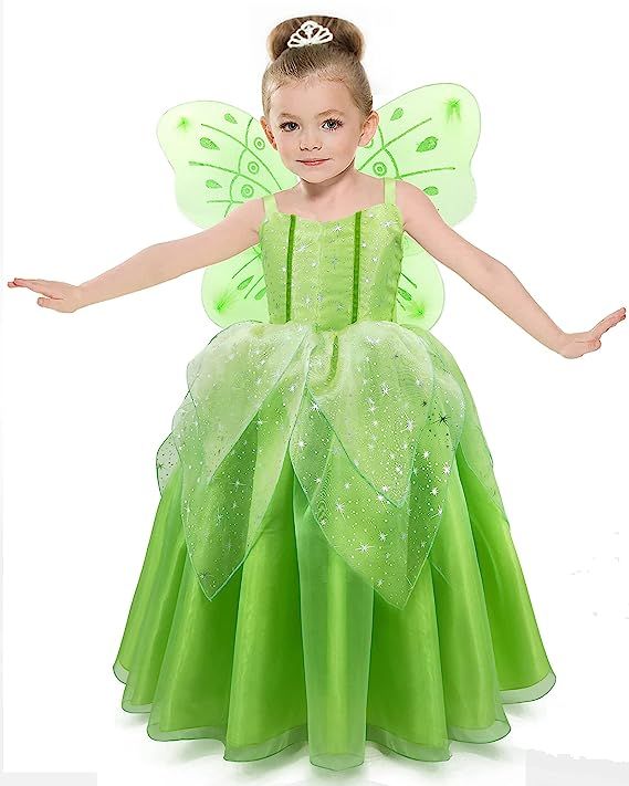 Girls Tinkerbell Costume Dress Up Fancy Fairy Princess Halloween Party Dress With Butterfly Wings | Amazon (US)