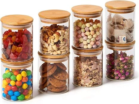EZOWare Set of 8 Glass Food Jars with Airtight Natural Bamboo Lids, 450ml/15.2oz Kitchen Clear Ca... | Amazon (US)