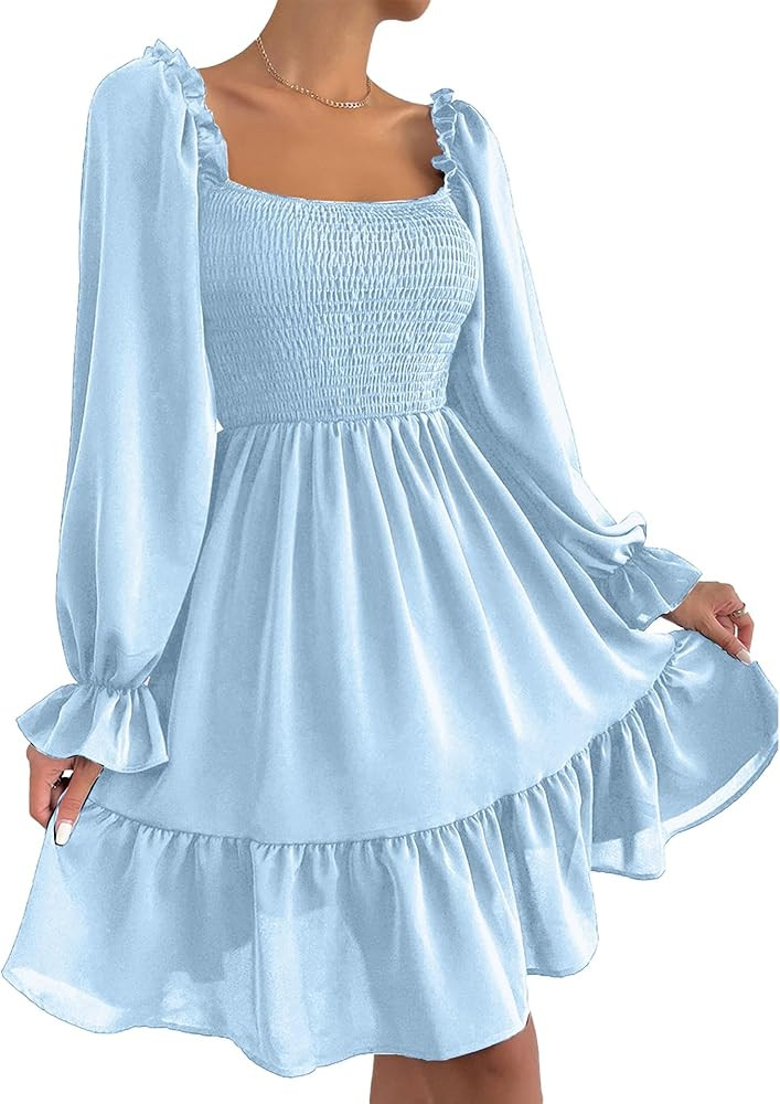 Ekaliy Women's Square Neck Puff Sleeve Dress Smocked Casual A Line Swing Flowy Ruffle Hem Babydol... | Amazon (US)