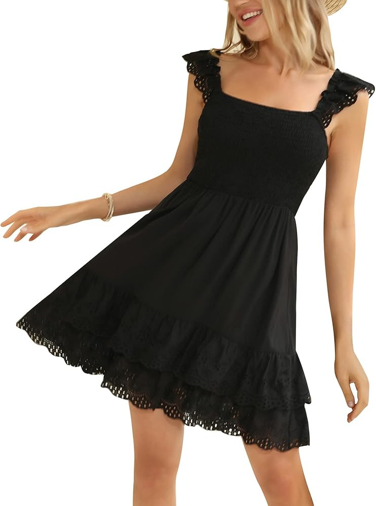 Kate Kasin Women's Summer Ruffle Strap Sleeveless Square Neck Smocked Back A Line Tiered Swing Mi... | Amazon (US)