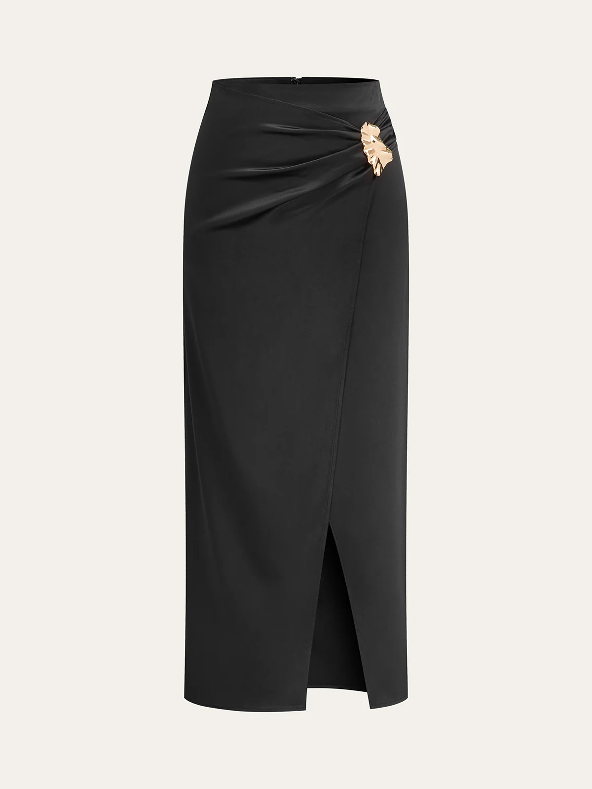 Metal Buckle Satin Slit Midi Skirt | Commense