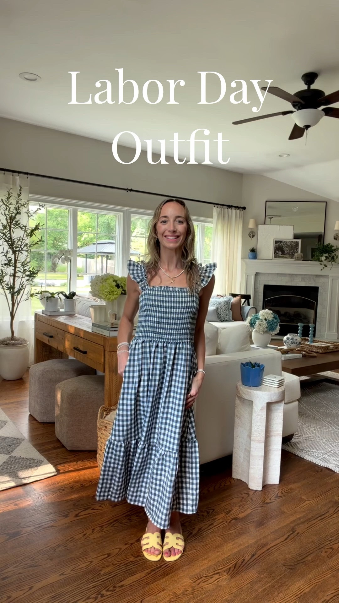 Labor Day Weekend OUTFIT from AMAZON 🇺🇸 

This cute blue and white gingham sundress is great for any and all summer occasions, including the 3 patriotic holidays: Memorial Day, July 4th, and Labor Day! 

Look cute for your end of summer celebrations in this gingham ruffle sundress from Amazon (that looks like Hill House!)❗️


🇺🇸 SIZING
I’m 5’4”, 120lbs, 32B, wearing…
- Smocked Gingham Dress (TTS): Small
- @samedelman Bay Jellies (TTS)
- Vanlinker Aviators: Brown/Brown


•  TAP the heart 🩵 
•  FOLLOW @HomesWithChristina for more home decorating tips & affordable home decor finds! 

•  type “SUMMER” in the comments 👇🏻 for the link to shop this cute ‘fit on my LTK!


.
.
.
patriotic dresses 
USA outfit inspo
americana dresses
labor day outfits
labor day dresses
summer dresses
fourth of july outfit inspo
patriotic outfits USA
americana fashion inspo
usa inspired outfits
USA-themed outfit idea
blue & white sundress 
women’s summer fashion 2026
beach vacation outfits
vacation outfits beach
fall outfits
fall dresses
concert outfits
country concert outfits
date night outfits
travel outfits
resort wear 2026
Luxe for Less Women’s Fashion
#summeroutfits #ginghamdress #americanafashion #labordayoutfit #summerdresses #sundress #founditonamazon #amazonfashion

#LTKgrwm #LTKootd #LTKOver40