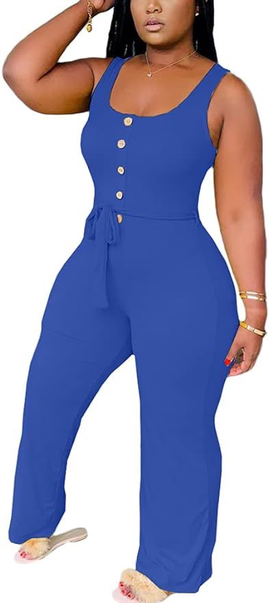 OLUOLIN Rompers for Women Casual Summer Elegant Jumpsuits Button Down One Piece Long Pants Suits ... | Amazon (US)