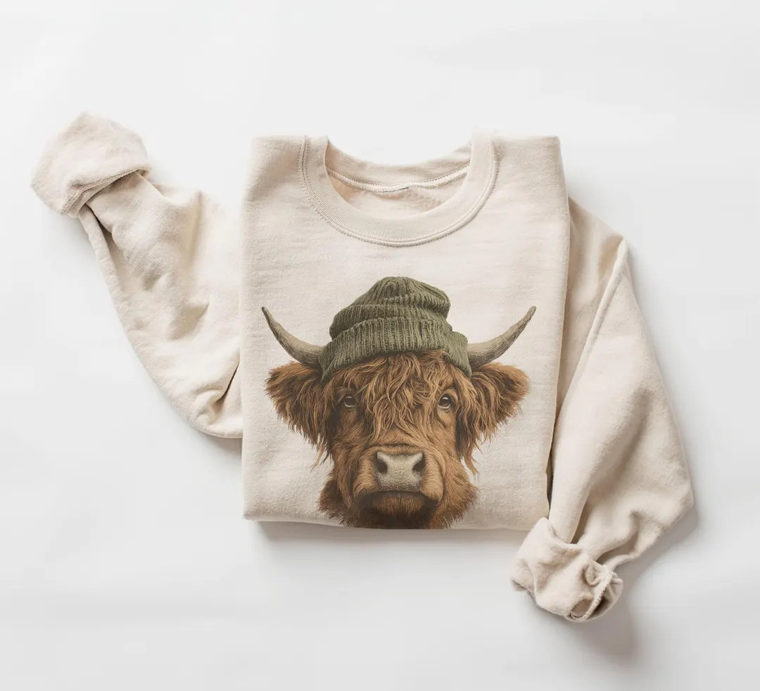Highland Cow Wearing Beanie Unisex Sweatshirt | Etsy (US)