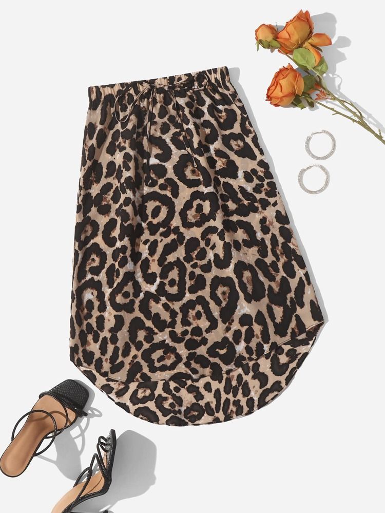 SHEIN Plus Leopard Print Elastic Waist Knot Asymmetrical Hem Skirt | SHEIN