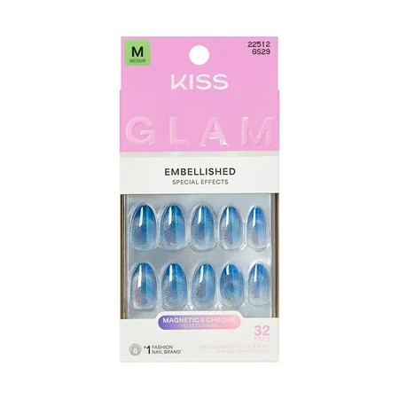 KISS GLAM Embellished Press On Nails Almond, ‘Glow Forever’, Blue, Medium Length, 32 Count | Walmart (US)
