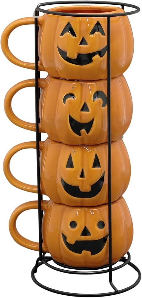 Halloween Pumpkin Stack Mugs 4 Pack Ceramic 12 Oz Coffee Mugs For Fall Thanksgiving Tabletop Deco... | Amazon (US)