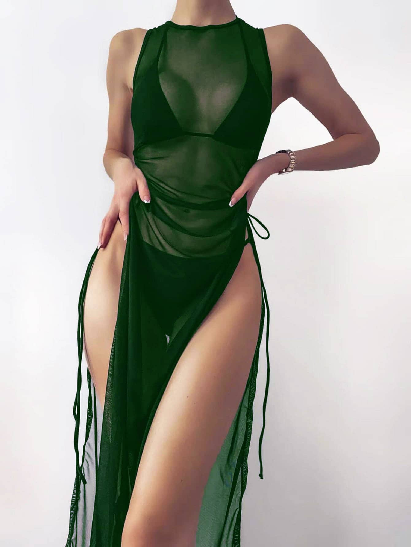 SHEIN Swim Summer Beach Drawstring Side Split Thigh Mesh Cover Up Dress Without Bikini Set | SHEIN